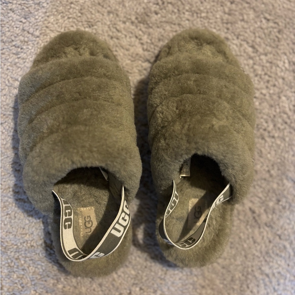 UGG Plush Olive Slippers with Branded Strap